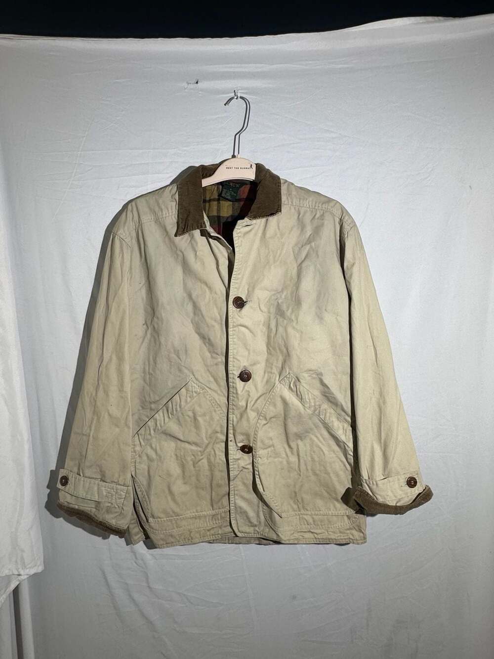 J Crew Barn Jacket Small Mens Khaki Tan Canvas Plaid Lined Corduroy Collar Vinta
